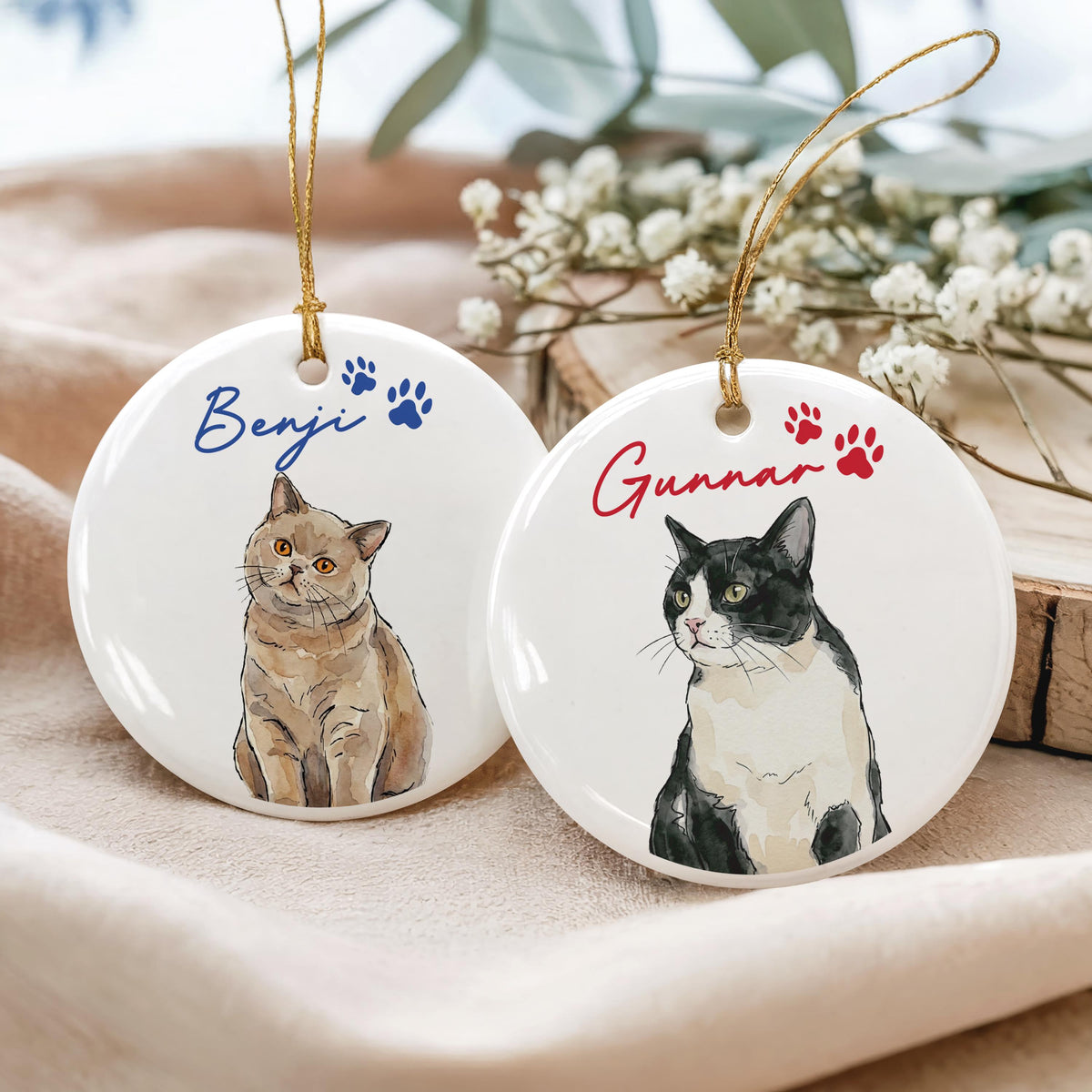 Custom Watercolor Cat Photo & Name Ornament, Pet Illustration Ceramic Keepsake, Cat Lover Mom Gift, Pet Memorial Keepsake