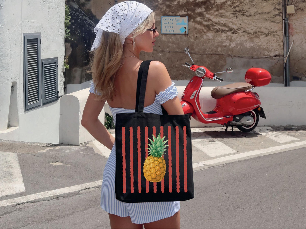 Summer Fruit Tote Bag, Striped Canvas Tote, Summer Market Bag, Watermelon Lemon Canvas Tote, Tropical Fruit Tote