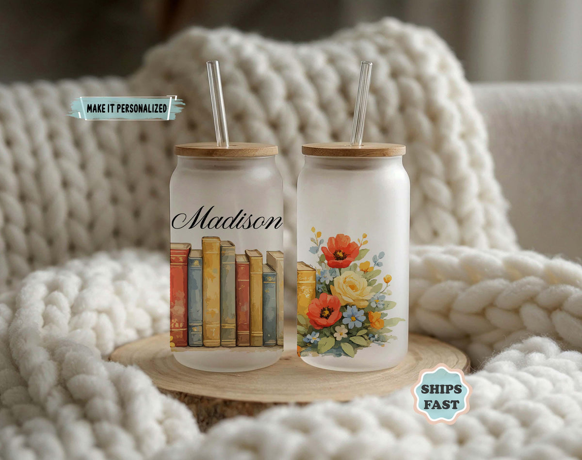 Personalized Frosted Glass Tumbler, Book Lover Floral Iced Coffee Cup