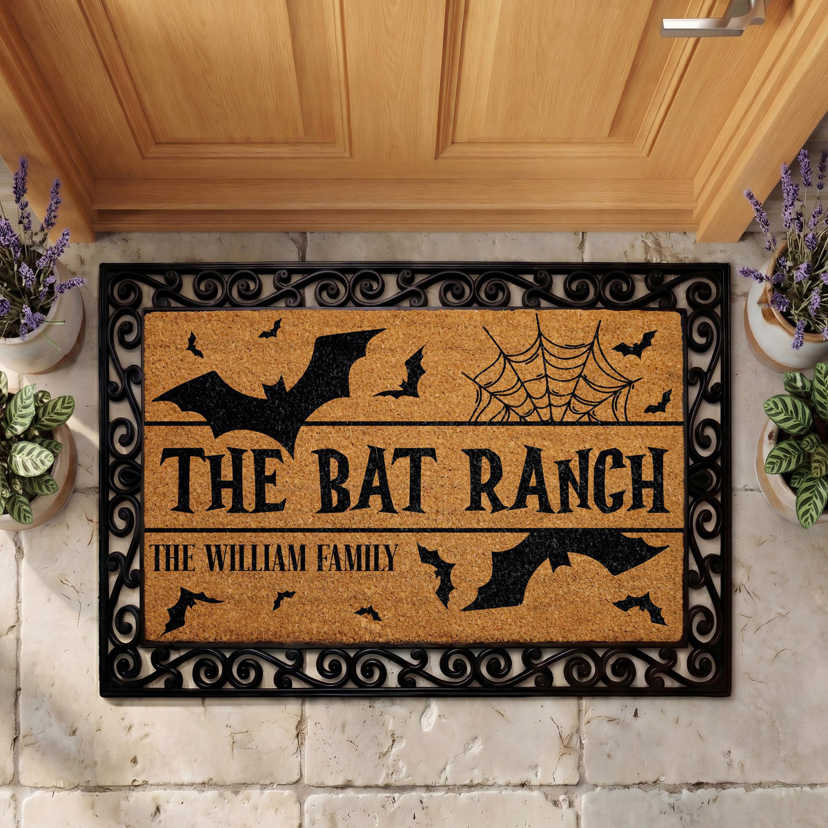 Personalized Spooky Bat Ranch Doormat, Gothic Halloween Welcome Mat