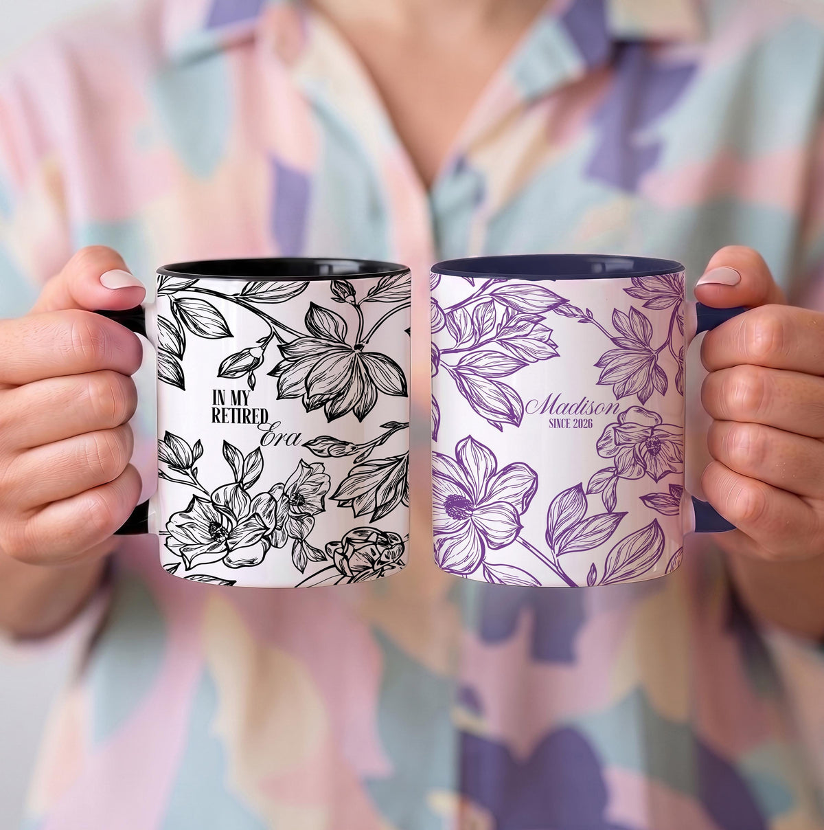 Personalized Retired Era Floral Ceramic Mug, Boho Botanical Retirement Coffee Cup