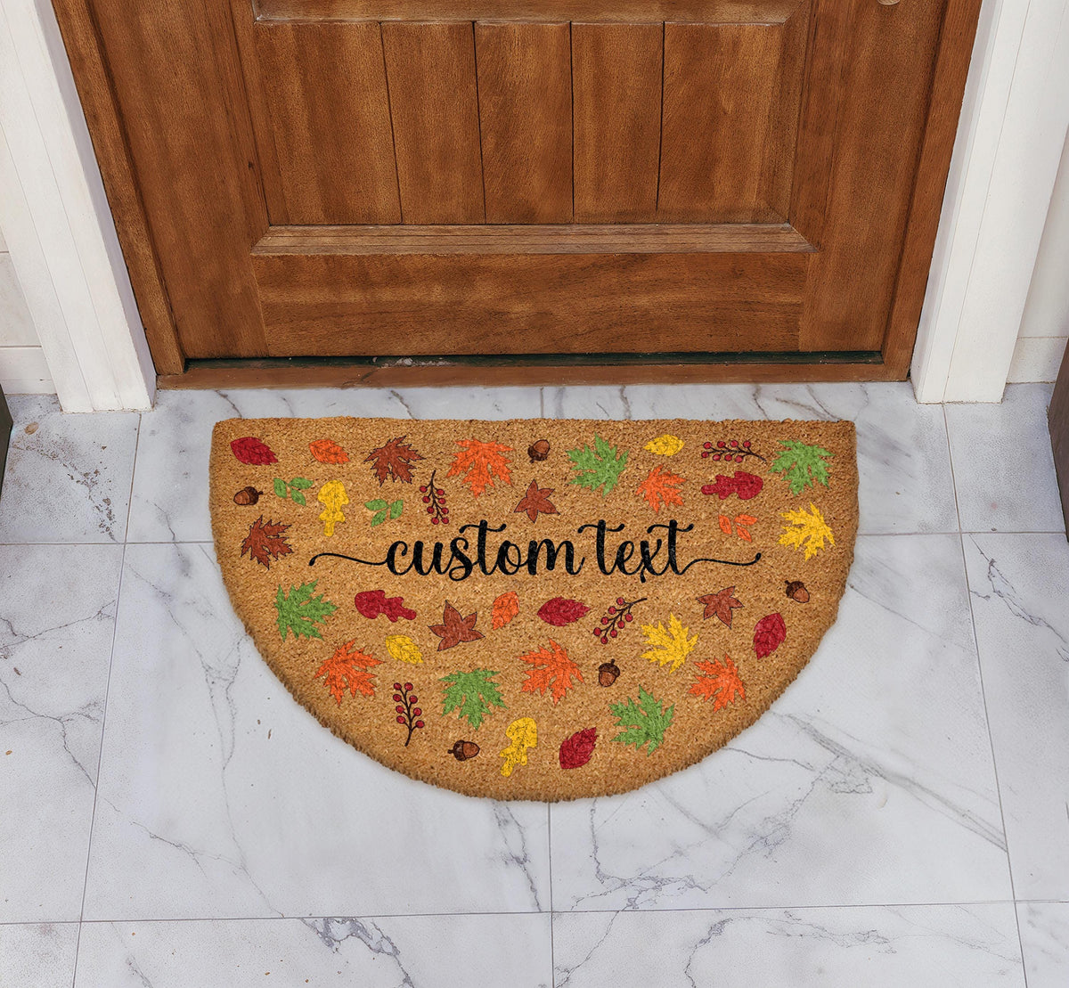 Custom Text Cozy Autumnal Welcome Mat, Cute Fall Leaves Half Round Doormat