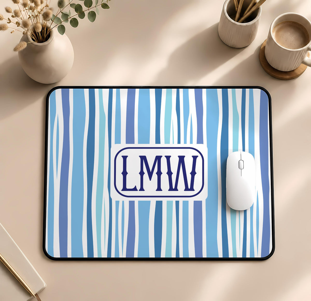 Personalized Monogram Desk Mat, Preppy Wavy Striped Mouse Pad