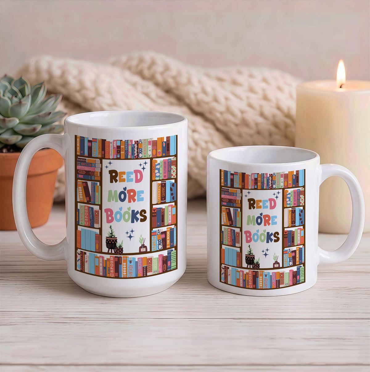 Read More Books Colorful Handle Ceramic Cup, Cute Bookshelf Reading Coffee Mug