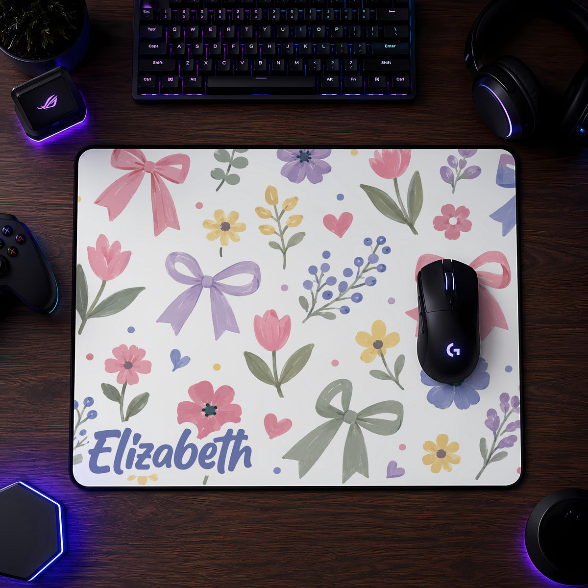 Personalized Floral Desk Mat, Coquette Kawaii Workspace Accessories, Girly Office Mousepad