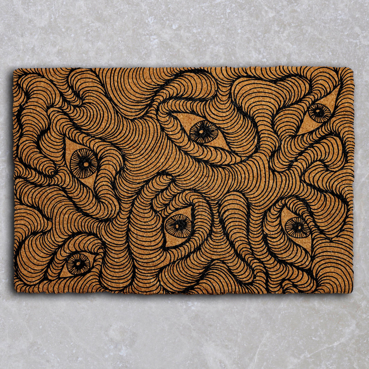 Abstract Line Art Doormat, Trippy Mystical Eyes Welcome Mat, Optical Illusion Front Porch Mat