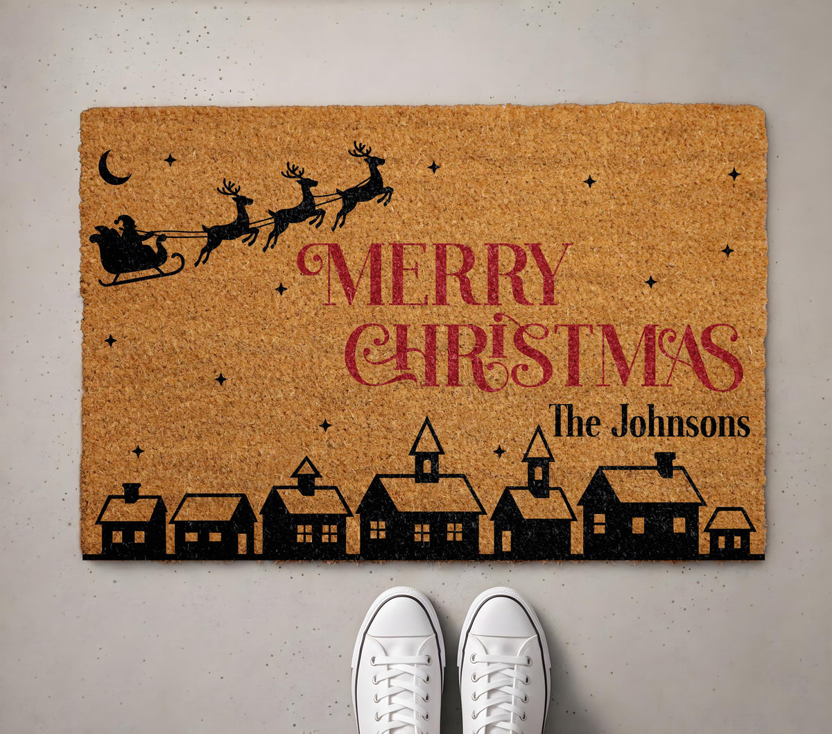 Personalized Merry Christmas Doormat, Custom Family Name Holiday Entryway Decor