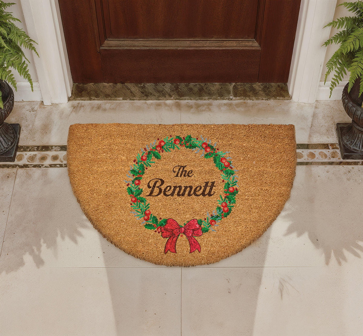 Personalized Christmas Wreath Doormat, Holly Berry Welcome Mat, Custom Xmas Home Gift