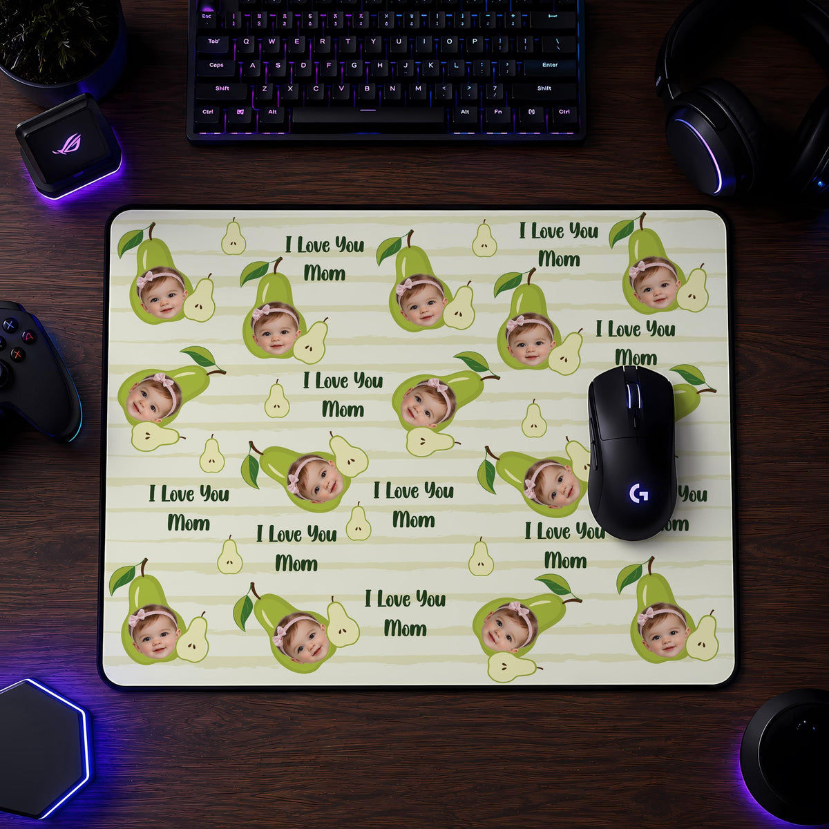 Personalized Kids Photo Desk Mat, Custom Child Face Apple Pattern Keyboard Pad, Mother's Gift