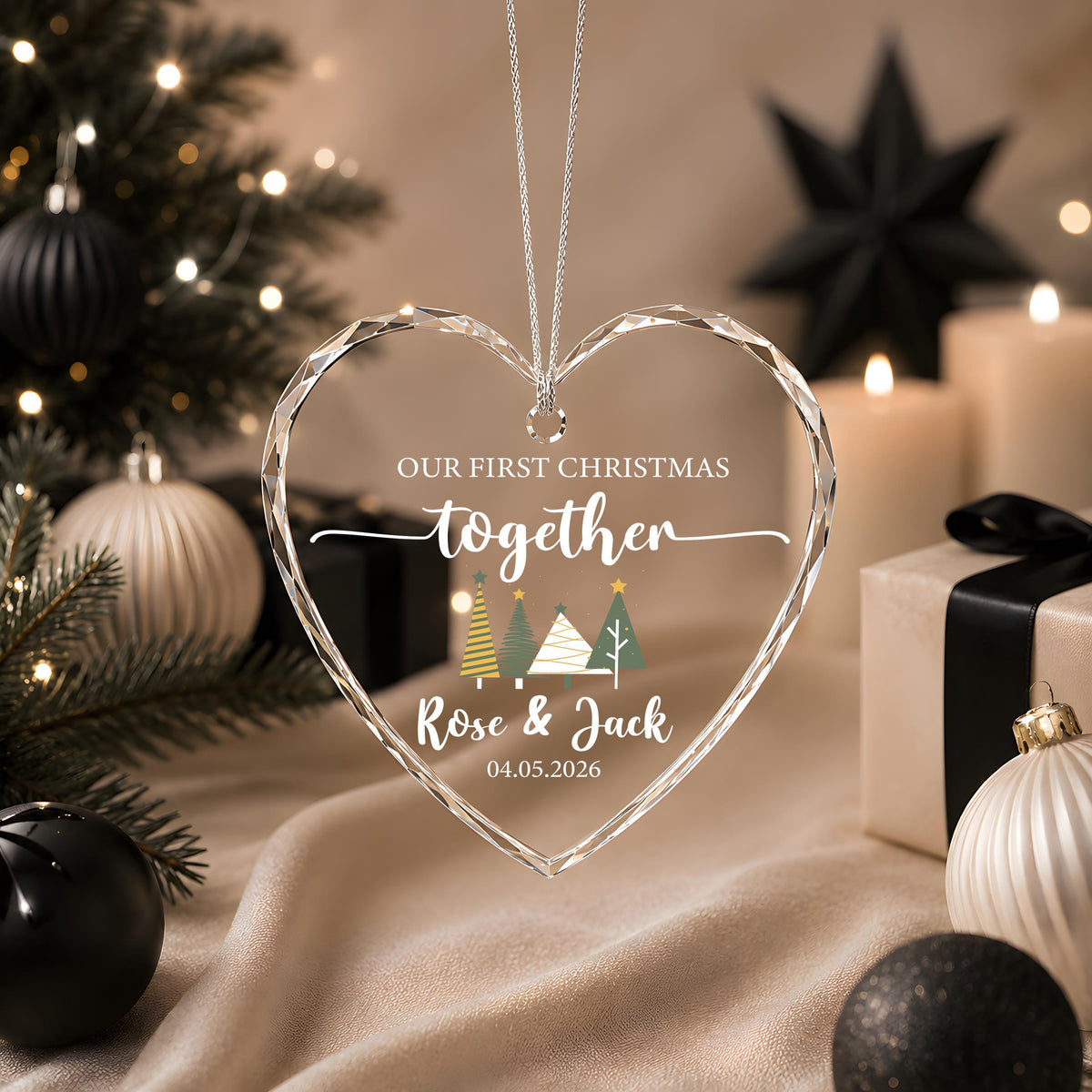 Custom Name & Date Our First Christmas Ornament, New Year Newlyweds Crystal Glass Keepsake