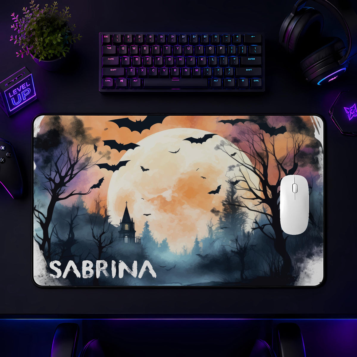 Personalized Halloween Desk Mat, Spooky Bat Forest Mouse Pad, Gothic Gamer Accessory