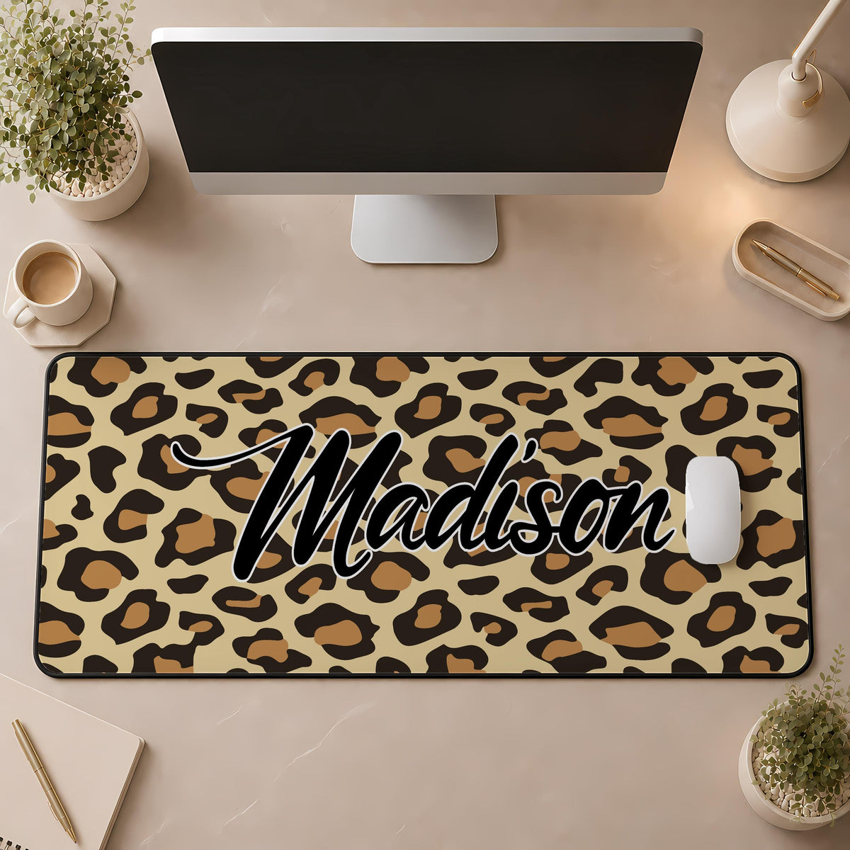 Personalized Leopard Cow Zebra Giraffe Print Desk Mat, Cute Safari Office Accessory
