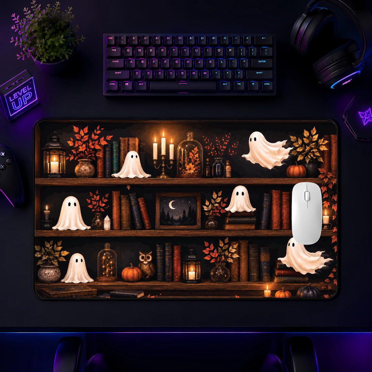 Ghost Bookshelf Desk Mat, Cozy Halloween Mouse Pad, Spooky Fall Office Decor