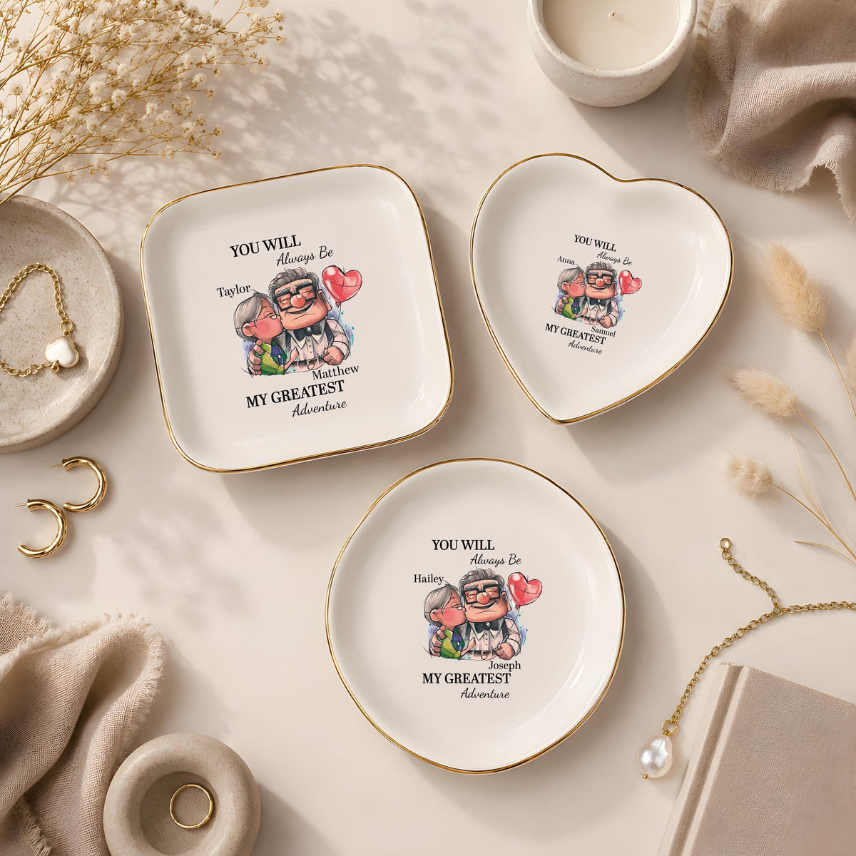 Custom Name Greatest Adventure Quote Ceramic Jewelry Tray, Personalized Romantic Trinket Dish