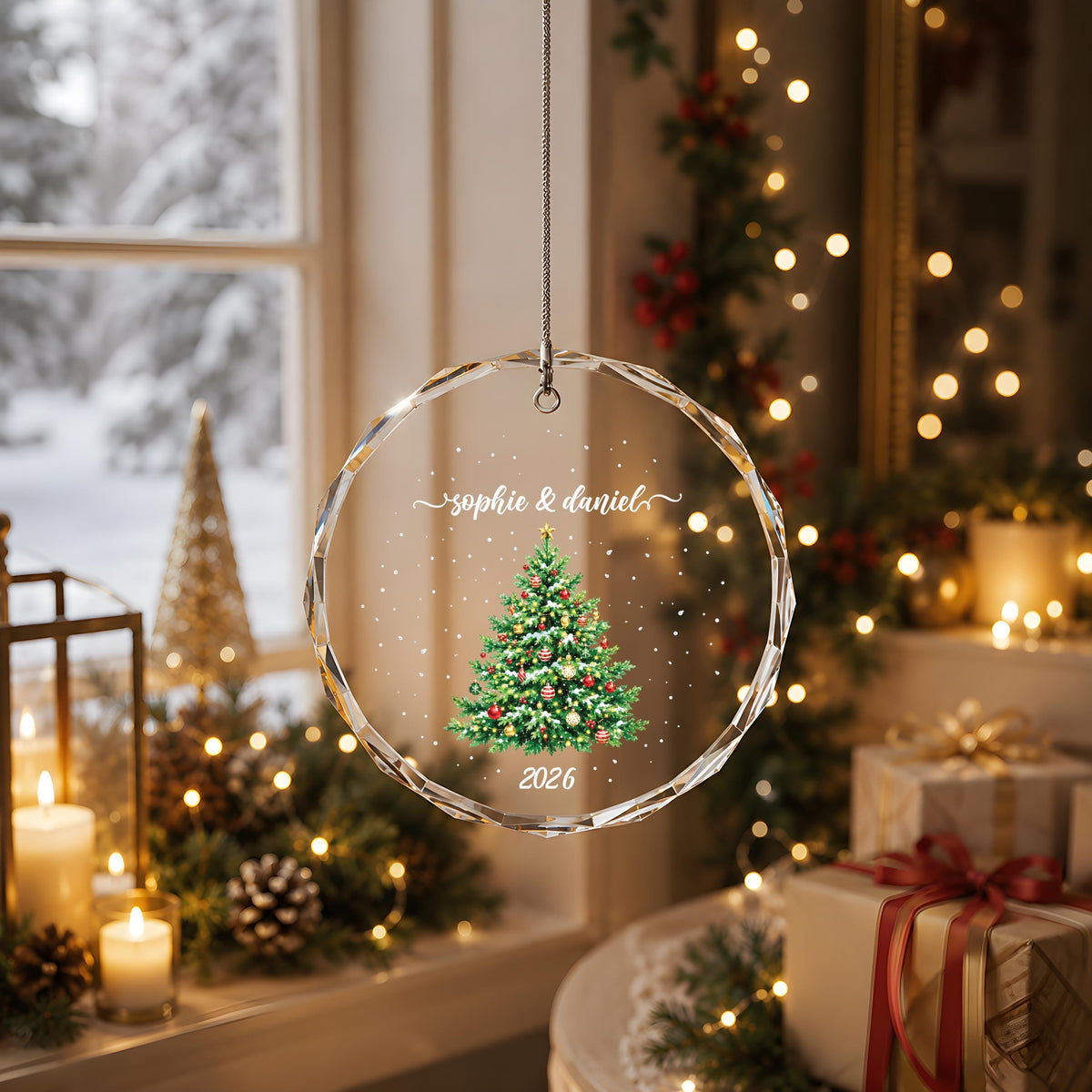 Personalized Crystal Glass Ornament, Round or Heart Shape, Christmas Tree Keepsake