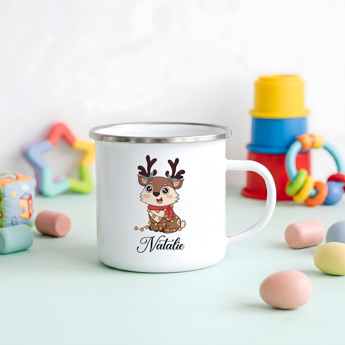 Personalized Reindeer Christmas Mug, Custom Name Enamel Cup, Kids Holiday Camping Favor