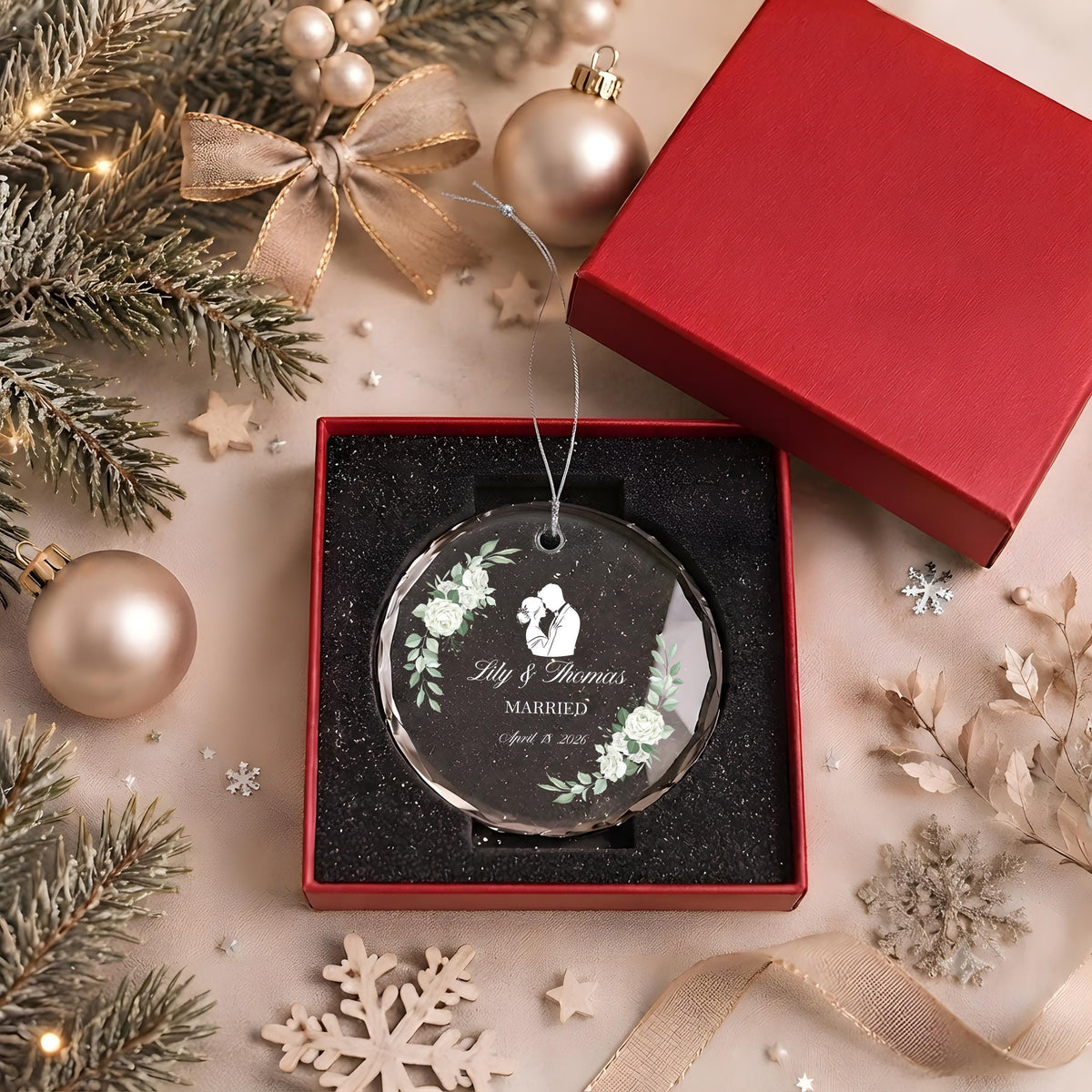 Custom Name & Date Married Crystal Glass Ornament