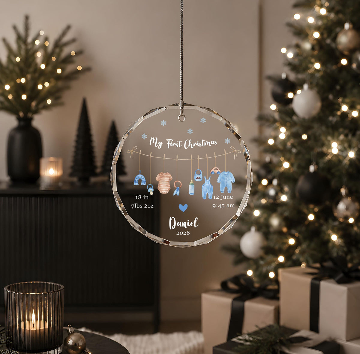 Personalized New Born Baby Birth Stats Ornament, Custom My First Christmas Glass Keepsake