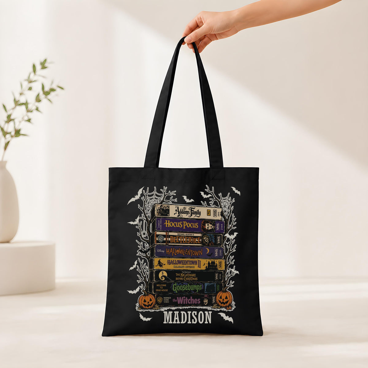Personalized Halloween Trick or Treat Bag, Custom Name Horror Movie VHS Stack Tote Bag