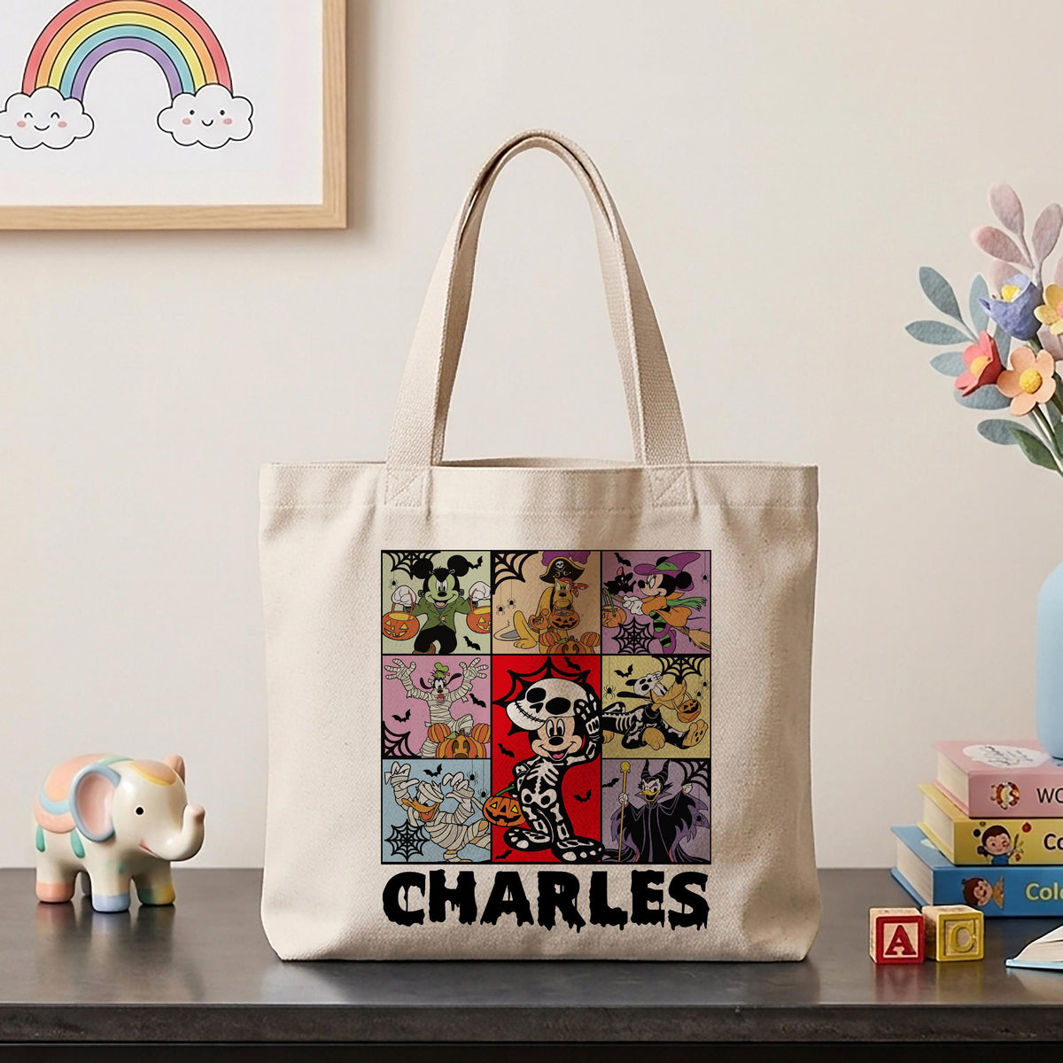 Custom Name Spooky Friends Cartoon Tote Bag, Personalized Kids Halloween Candy Bag