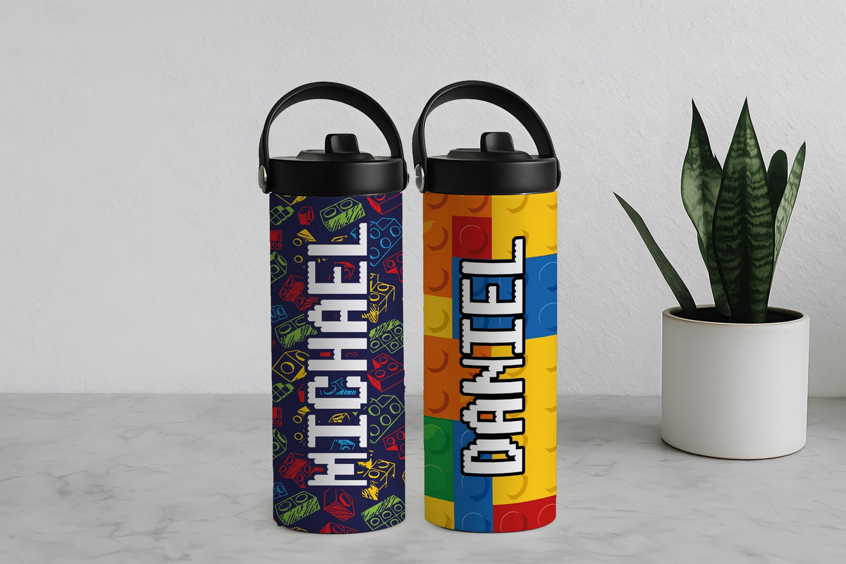 Personalized Building Block Kids Water Bottle, Custom Name Brick Toy Design Kids Tumbler