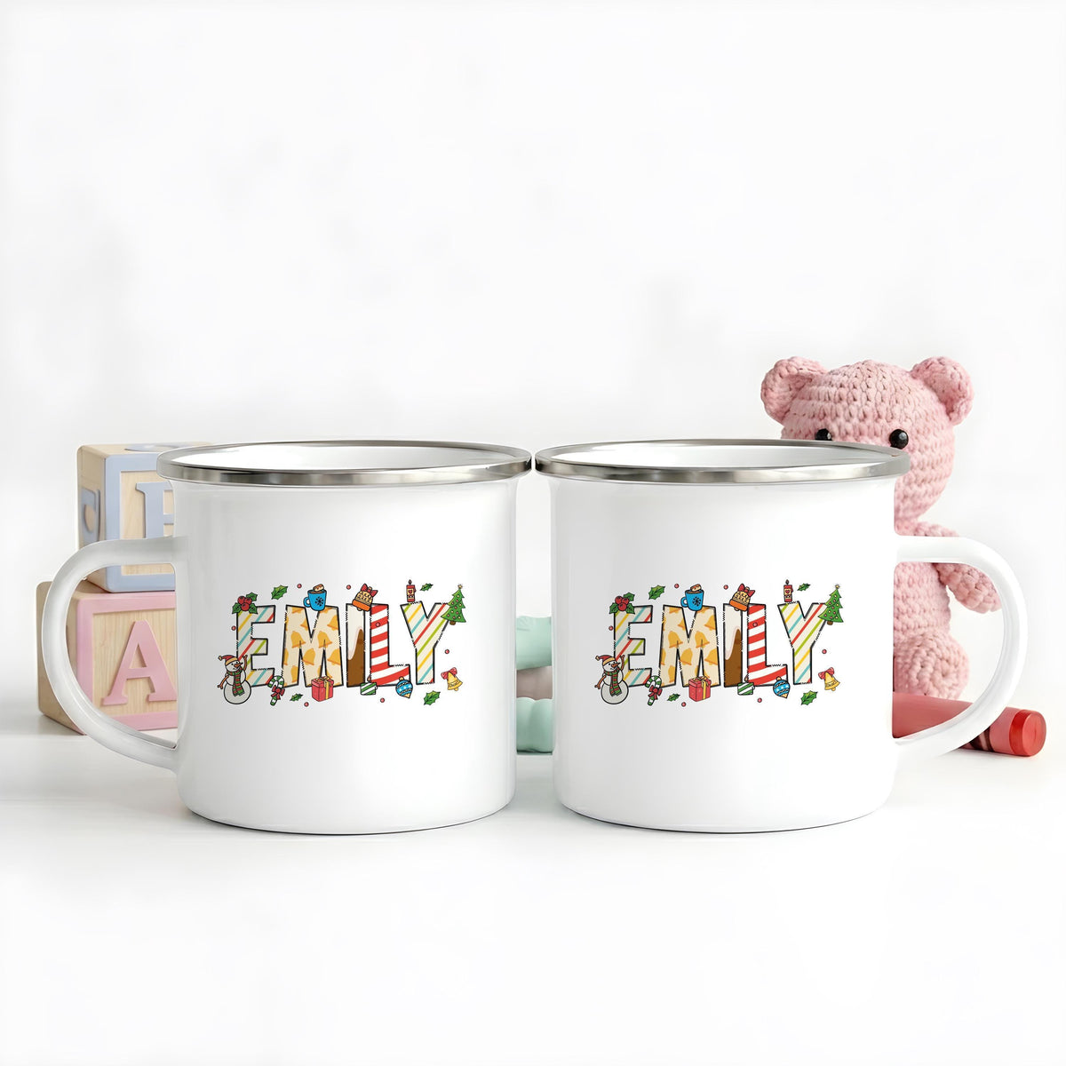Personalized Kids Christmas Enamel Mug, Custom Name Camp Cup, Winter Drinkware
