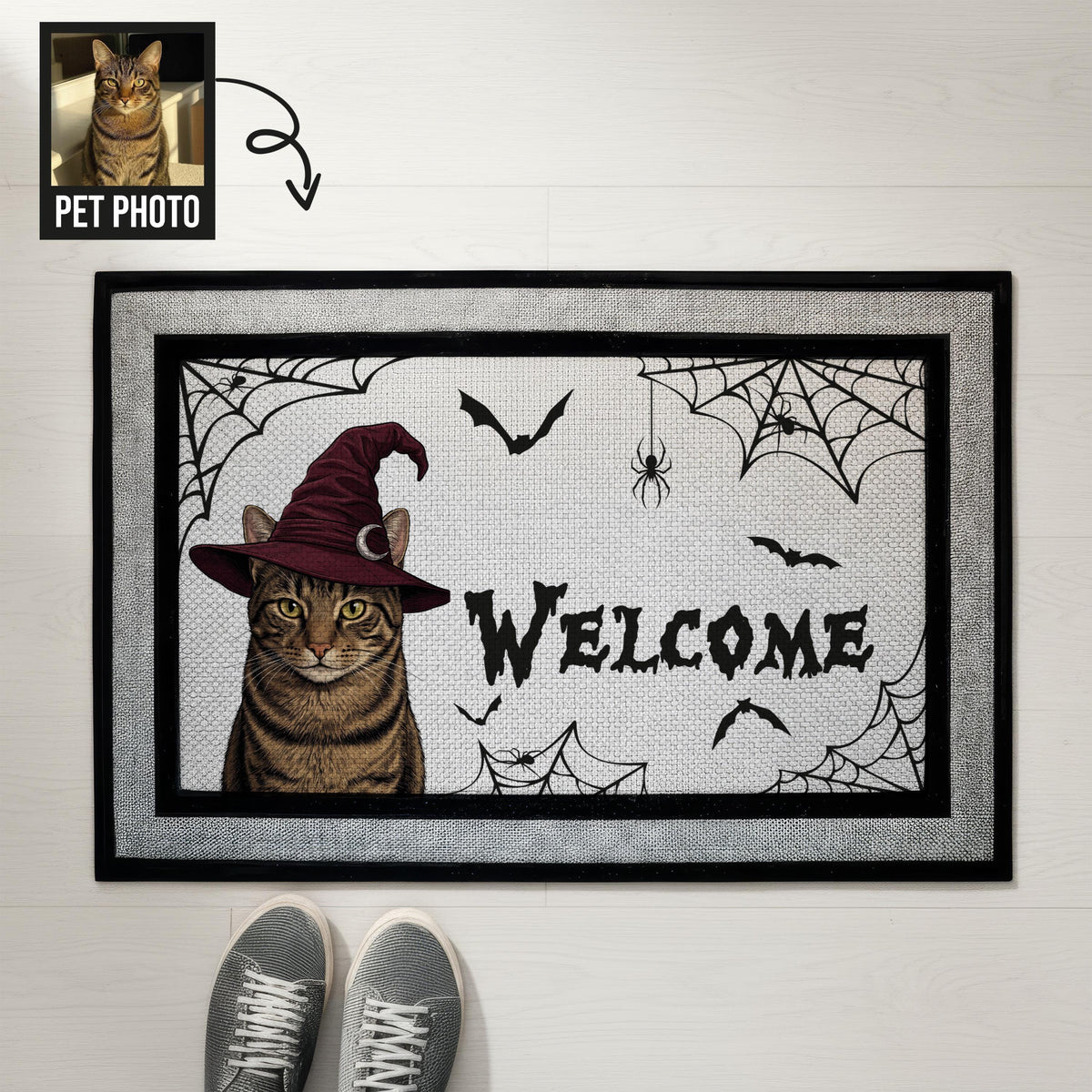 Custom Cat Doormat, Witch Cat Halloween Mat, Spooky Welcome Mat, Racetrack Indoor Rug, Personalized Pet Portrait, Spider Web Decor