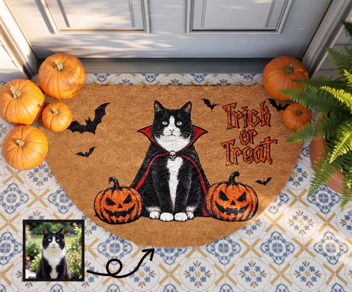 Cat Halloween Semi Circle Doormat, Trick or Treat Welcome Mat, Cute Cat Pumpkin Mat, Spooky Season Housewarming Gift