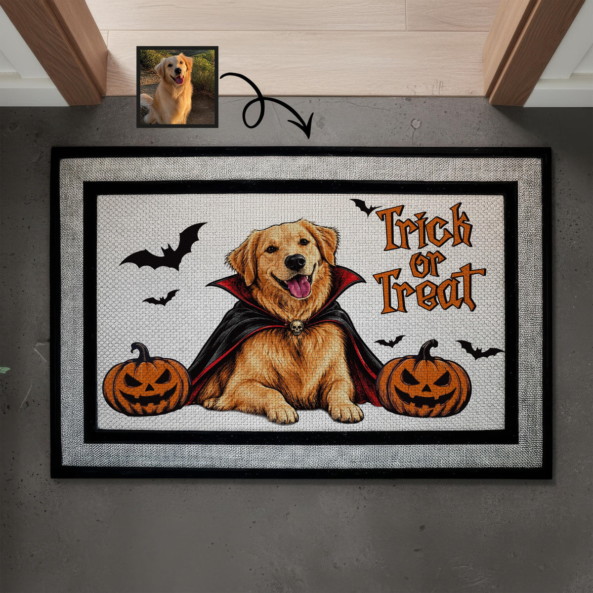 Custom Dog Doormat, Halloween Racetrack Mat, Pet Portrait Indoor Doormat, Trick or Treat Welcome Mat, Personalized Dog Lover Gift