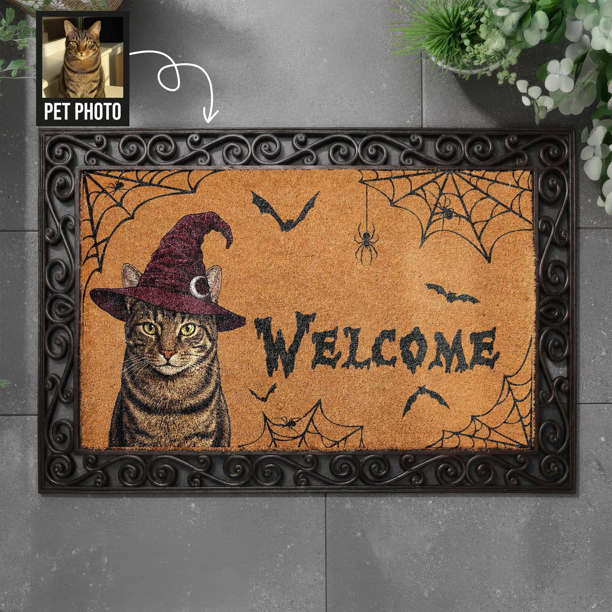 Custom Cat Halloween Welcome Interchangeable Mat, Witch Cat Pet Portrait, Spooky Coir Mat, Personalized Dog Gift