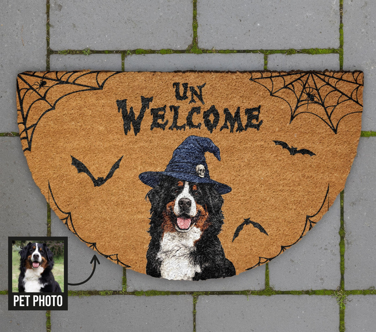 Custom Pet Halloween Doormat, Semi Circle Unwelcome Doormat, Personalized Dog Portrait Coir Mat, Funny Spooky Porch Decor, Witch Dog Gift