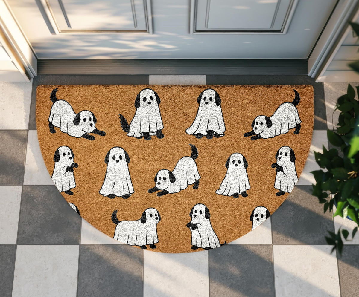 Ghost Cat and Dog Halloween Doormat, Semi Circle Coir Mat, Spooky Pet Welcome Rug, Cute Ghost Animal Porch Decor, Fall Front Door Mat