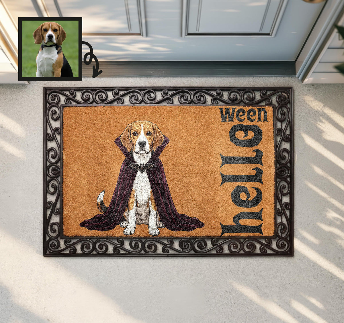 Custom Pets Halloween Interchangeable Doormat, Personalized Dog and Cat Portrait Coir Mat, Hello Ween Welcome Rug, Funny Spooky Porch Decor