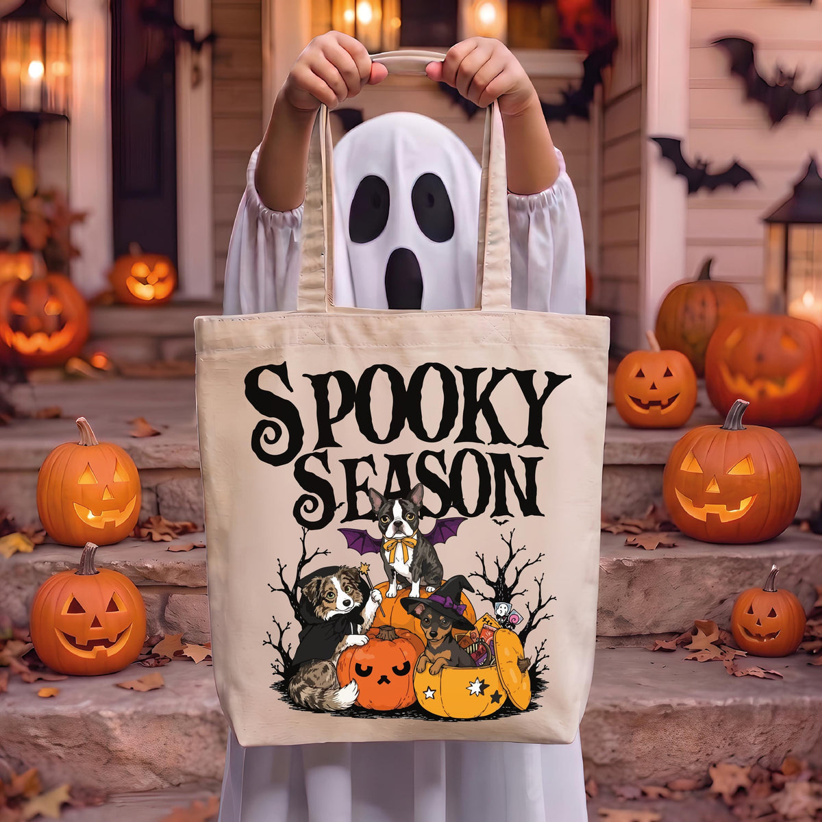 Halloween Canvas Tote Bag, Halloween Dog Spooky Season Bag, Kids Candy Bag, Custom Pet Portrait Tote, Witchy Dog Lover Fall Gift