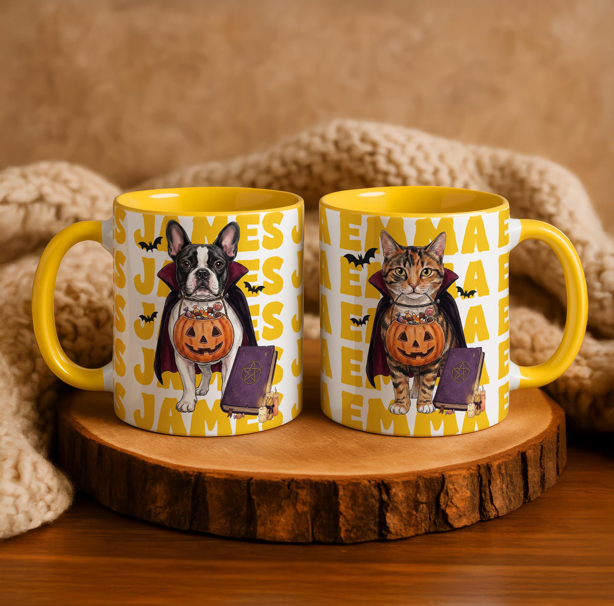 Custom Name Halloween Pet Mug, Personalized Dog and Cat Coffee Cup, Cute Trick or Treat Ceramic Mug, Spooky Season Pet Lover Gift