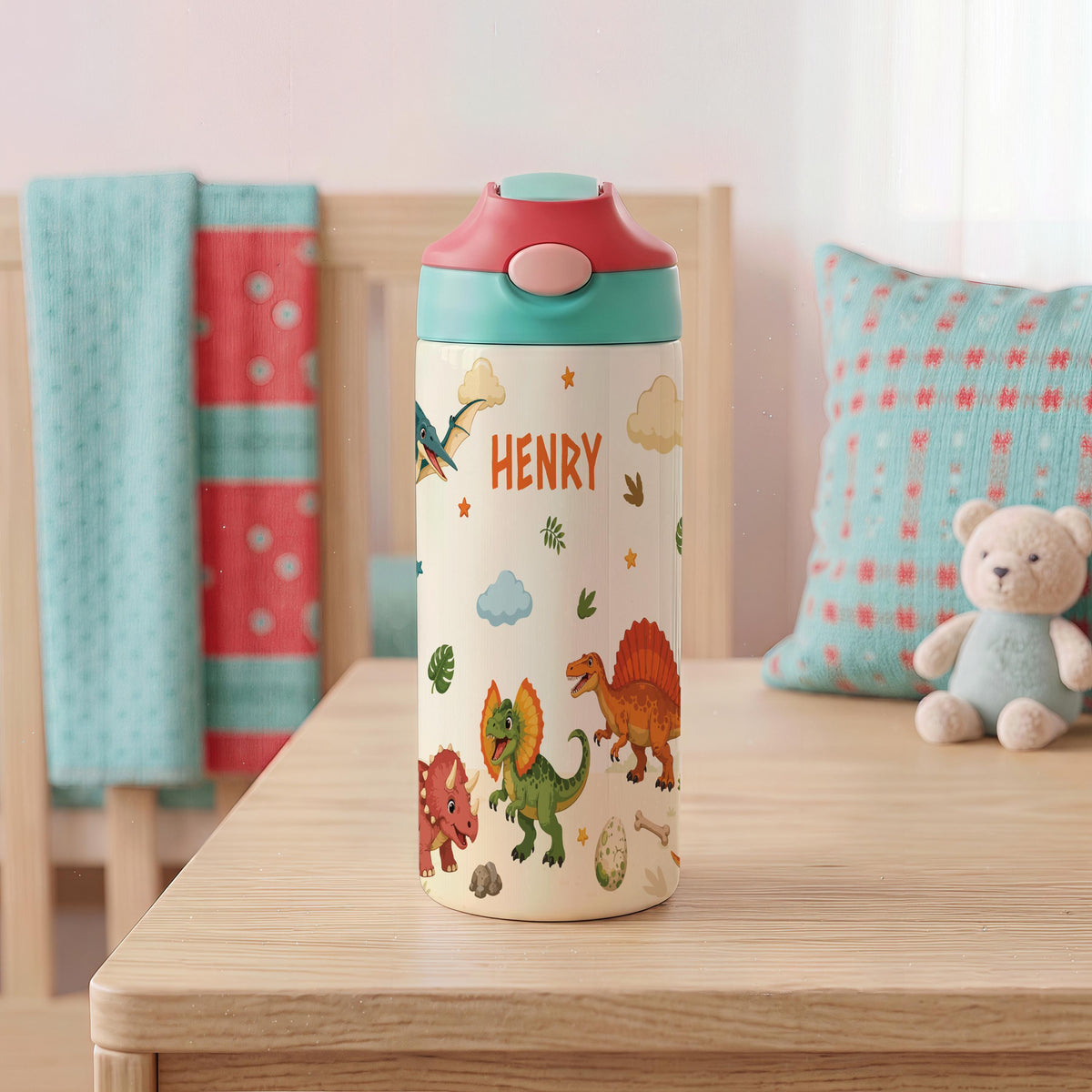 Personalized Dinosaur Tumbler, 12oz Insulated Kids Water Bottle (Leak-Proof)