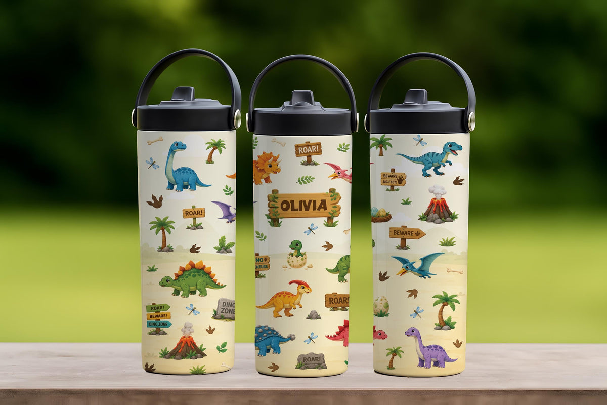 Personalized Dinosaur Insulated Tumbler, Cute Dino Kids Steel Water Bottle With Foldable Straw