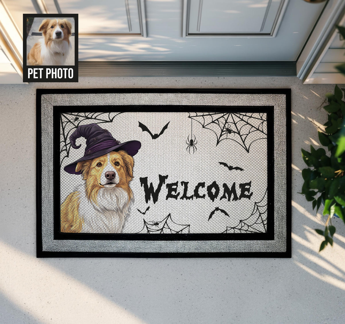 Custom Dog Doormat, Witch Dog Halloween Mat, Spooky Welcome Mat, Racetrack Indoor Rug, Personalized Pet Portrait, Spider Web Decor