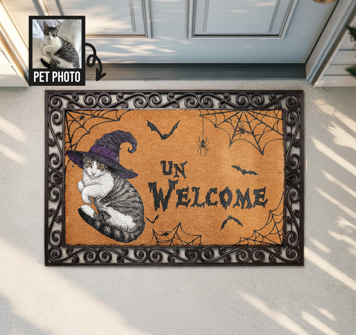 Custom Cat Halloween Doormat, Unwelcome Coir Mat, Personalized Pet Portrait Rug, Spooky Porch Decor, Funny Witch Cat Front Door Mat