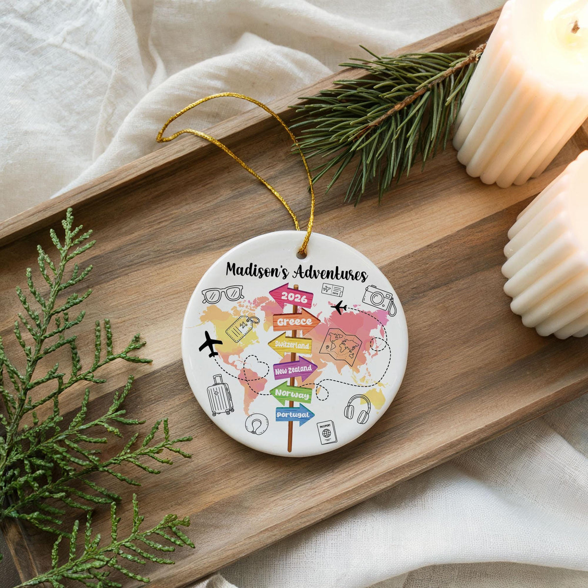 Personalized Travel Map Ceramic Ornament, 2026 Wanderlust Keepsake (2.75-inch)