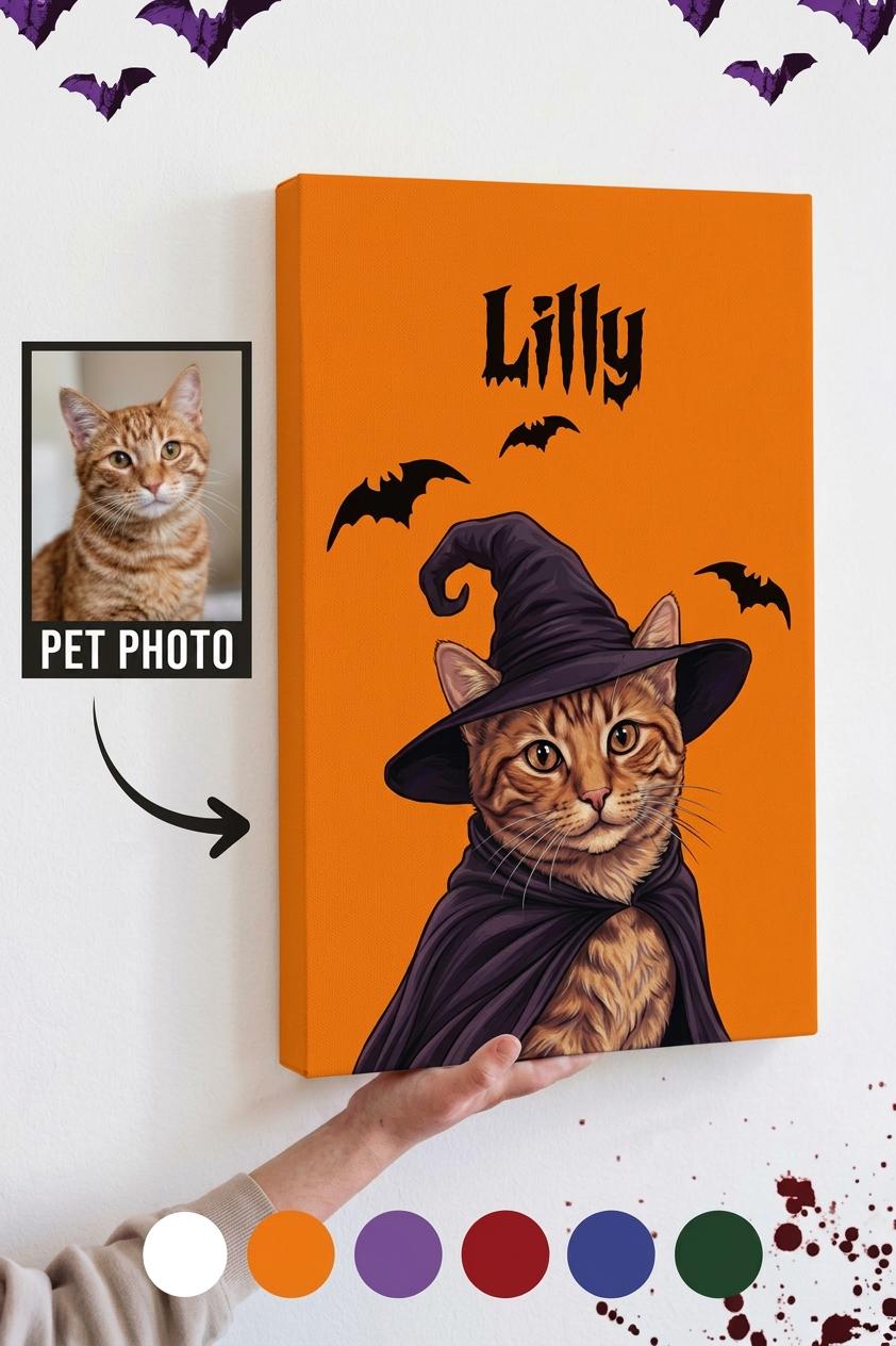 Wizard Cat Portrait Canvas Print, Custom Halloween Pet Art, Personalized Cat Memorial Gift, Witchy Pet Poster Decor
