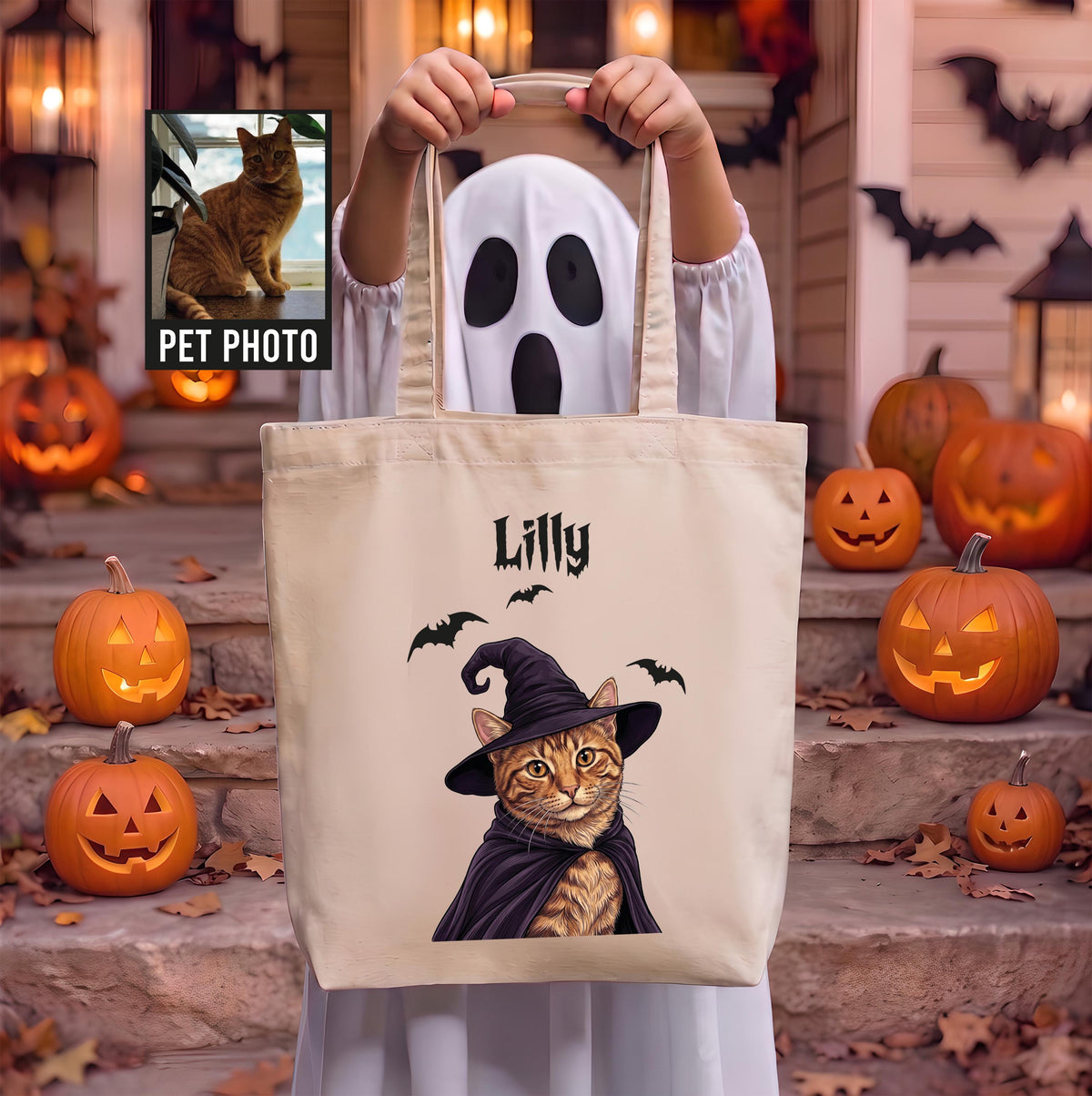 Custom Cat Trick or Treat Portrait Bag, Witch Cat Photo Tote, Spooky Kids Tote Bag, Fall Pet Owner Gift