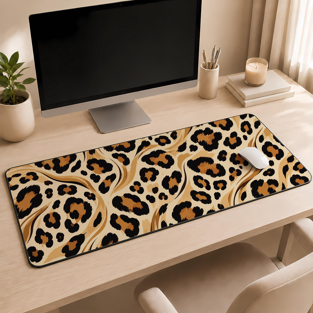 Leopard Print Heart Mousepad, Pink Cheetah Pattern Desk Mat (12x32")