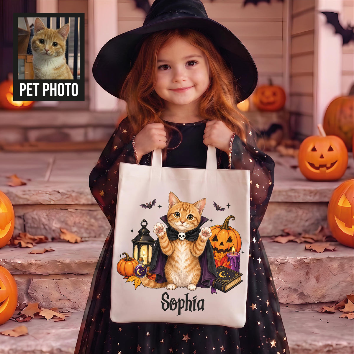 Personalized Halloween Cat Tote Bag, Custom Pet Portrait Bag, Witchy Cat Gift, Spooky Cat Canvas Tote, Halloween Gift for Cat Lovers