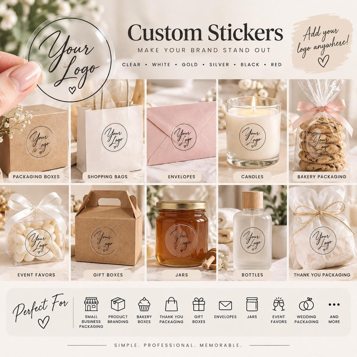Custom Round Logo Stickers, Clear or White, Gold Silver Red Black (Peel & Stick)