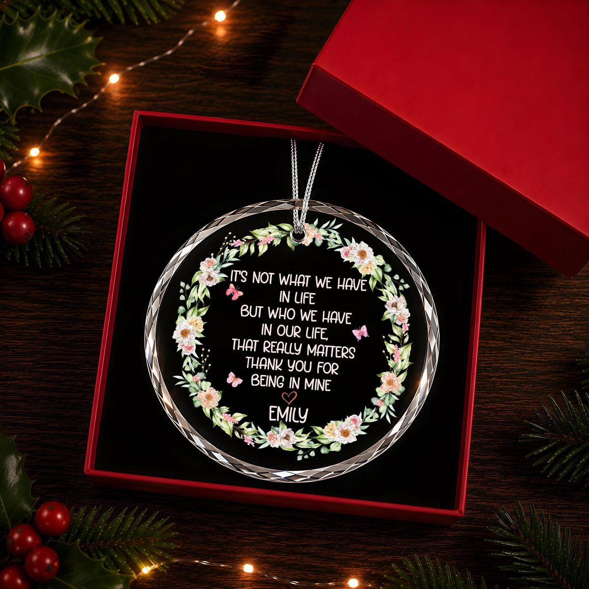 Personalized Thank You for Being in Mine Ornament, Floral Wreath Quote Keepsake (Ceramic or Glass)