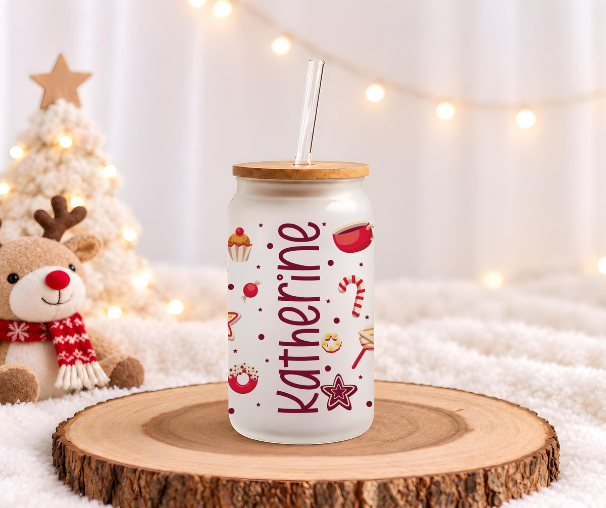 Personalized Christmas Glass Can Cup, Custom Name Gingerbread Snowflake Iced Coffee Tumbler, Holiday Gift Glassware, Family Xmas Present