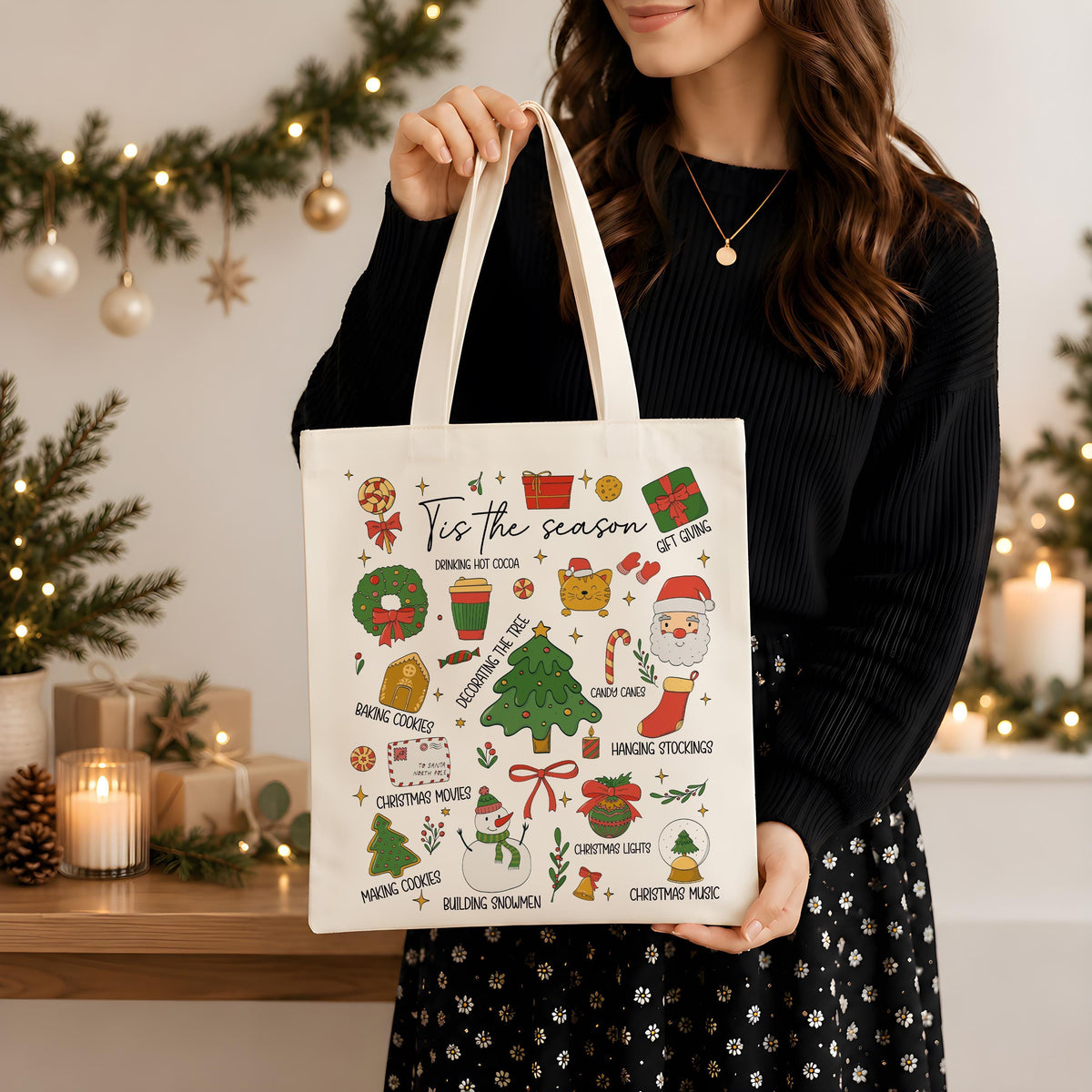 Personalized Tis The Season Christmas Matching Canvas Tote & Glass Cup, Holiday Pattern Iced Coffee Tumbler and Shoulder Bag, Xmas Gift Her