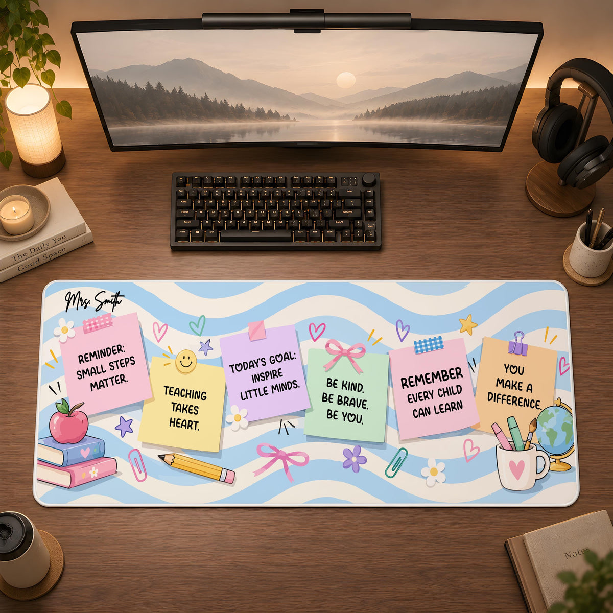 Personalized Teacher Desk Mat, Custom Name Sticky Note Mouse Pad, Classroom Pastel Wave Keyboard Runner, Cute Educator Appreciation Gift