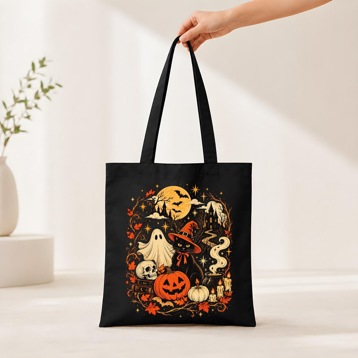 Retro Witchy Halloween Canvas Tote Bag, Spooky Ghost Pumpkin Black Cat Trick or Treat Bag